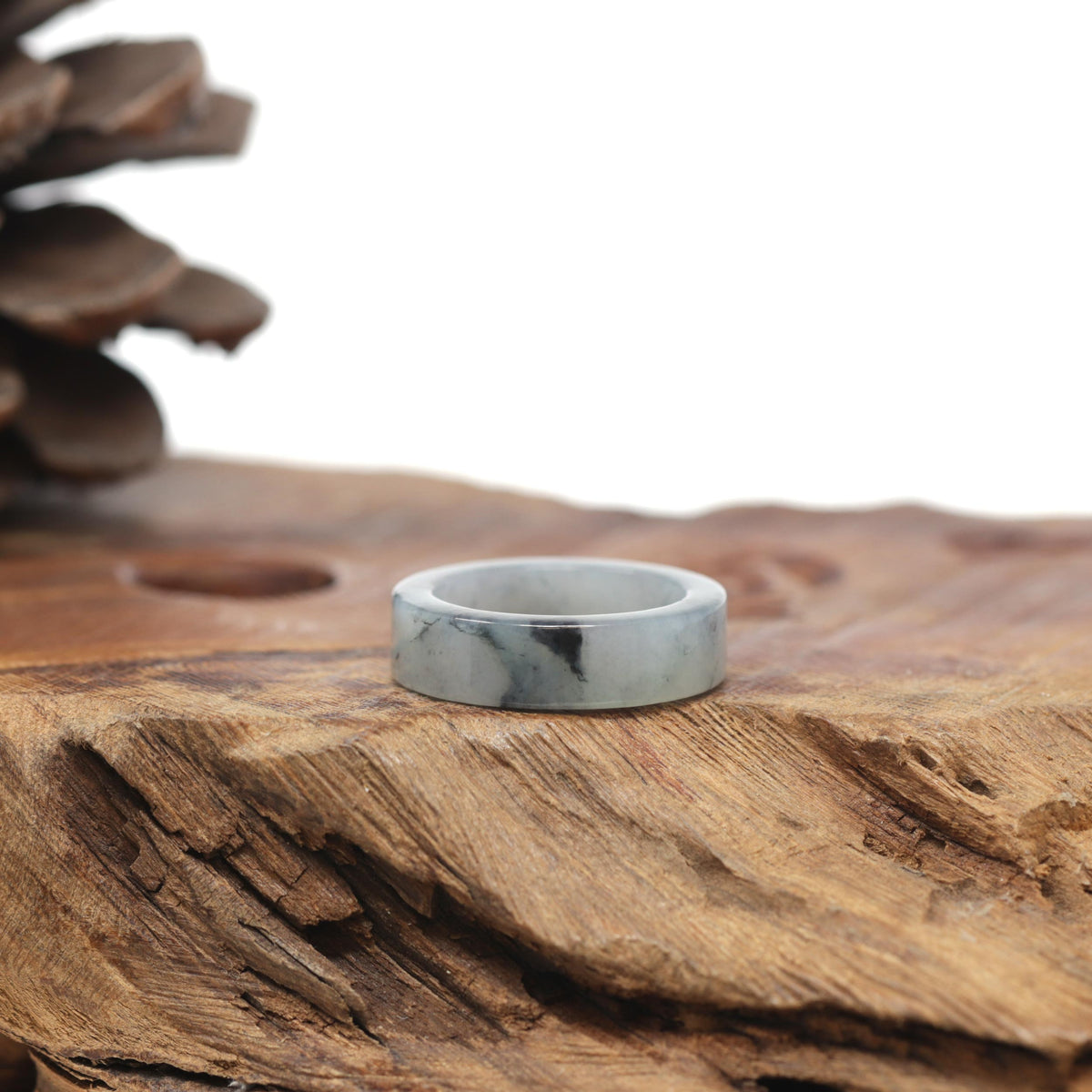 Baikalla Natural Icy Black &amp; Grey Wuji Jadeite Jade "Square Cut" Traditional Ring 