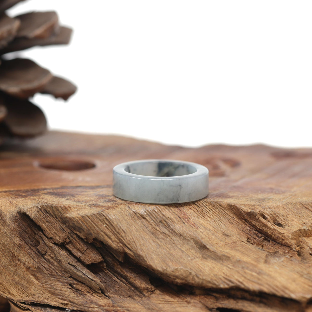 Baikalla Natural Icy Black &amp; Grey Wuji Jadeite Jade "Square Cut" Traditional Ring 