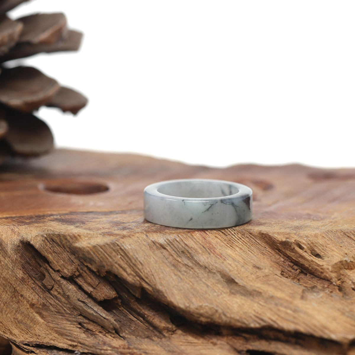 Baikalla Natural Icy Black &amp; Grey Wuji Jadeite Jade "Square Cut" Traditional Ring 