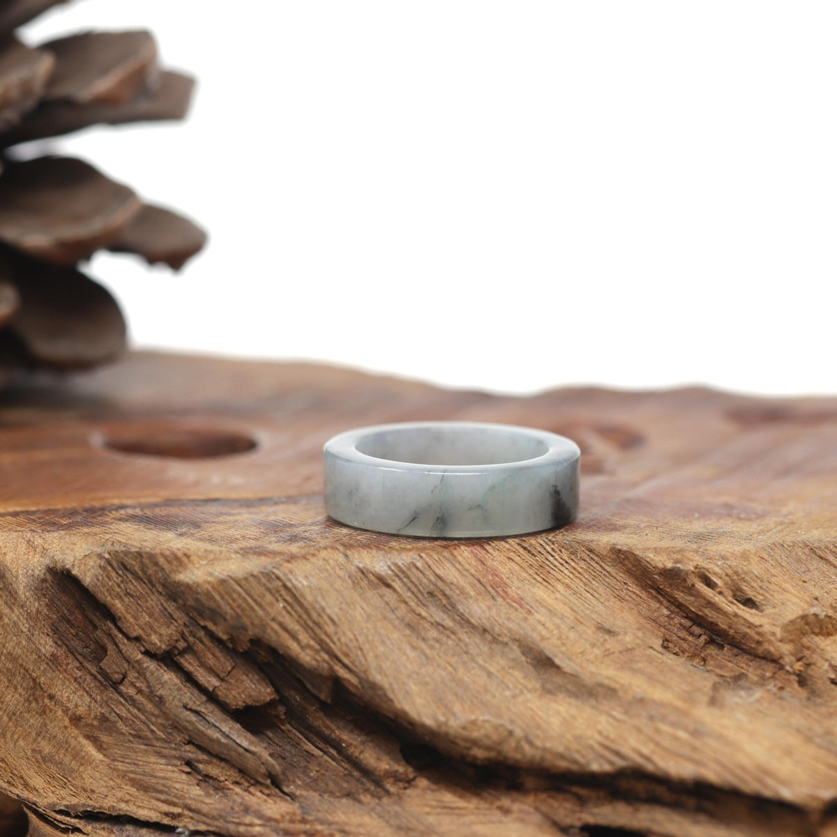 Baikalla Natural Icy Black &amp; Grey Wuji Jadeite Jade "Square Cut" Traditional Ring 