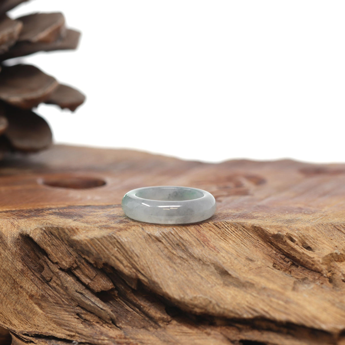 Baikalla Natural Icy Grey Wuji &amp; Apple-Green Jadeite Jade Traditional Ring 