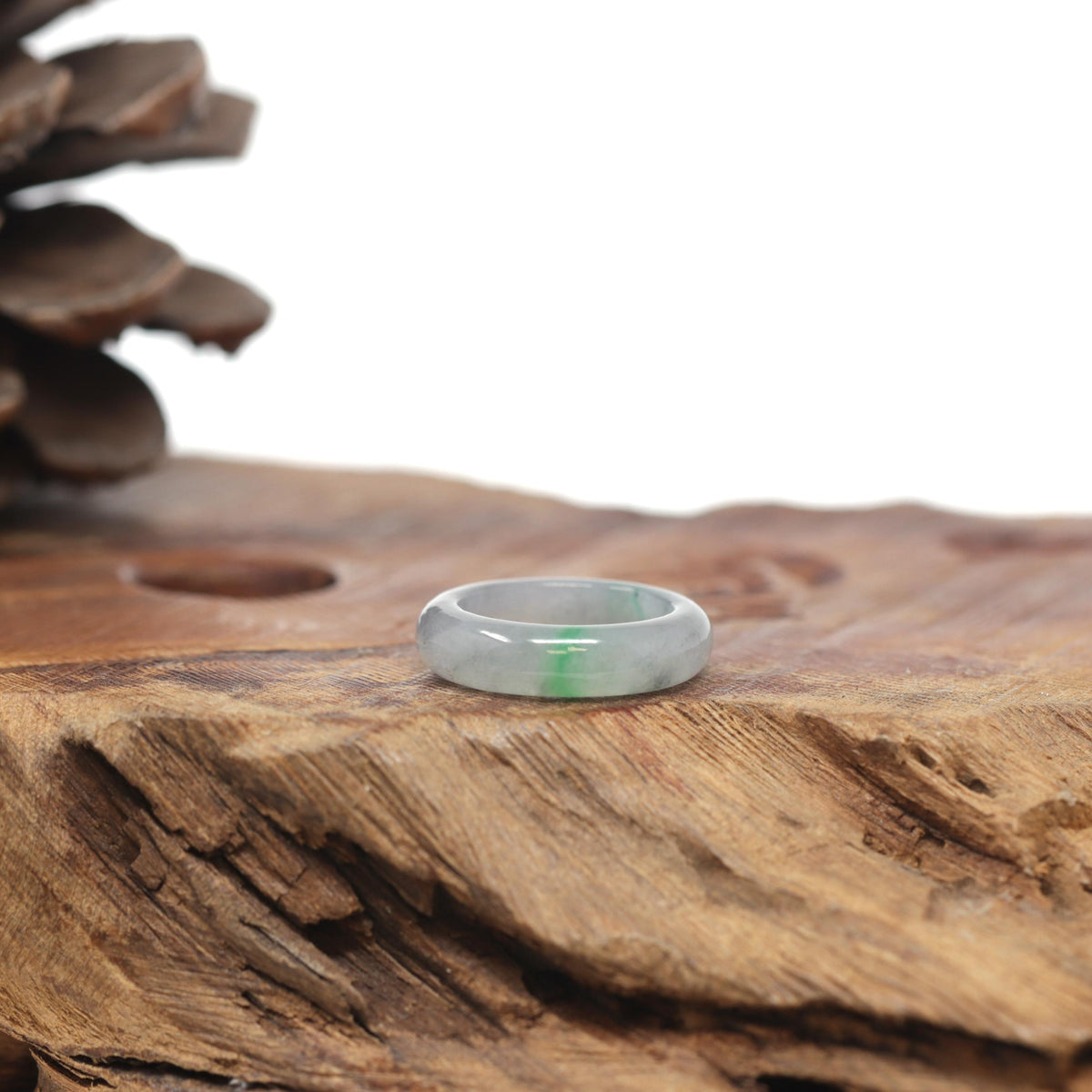 Baikalla Natural Icy Grey Wuji &amp; Apple-Green Jadeite Jade Traditional Ring 
