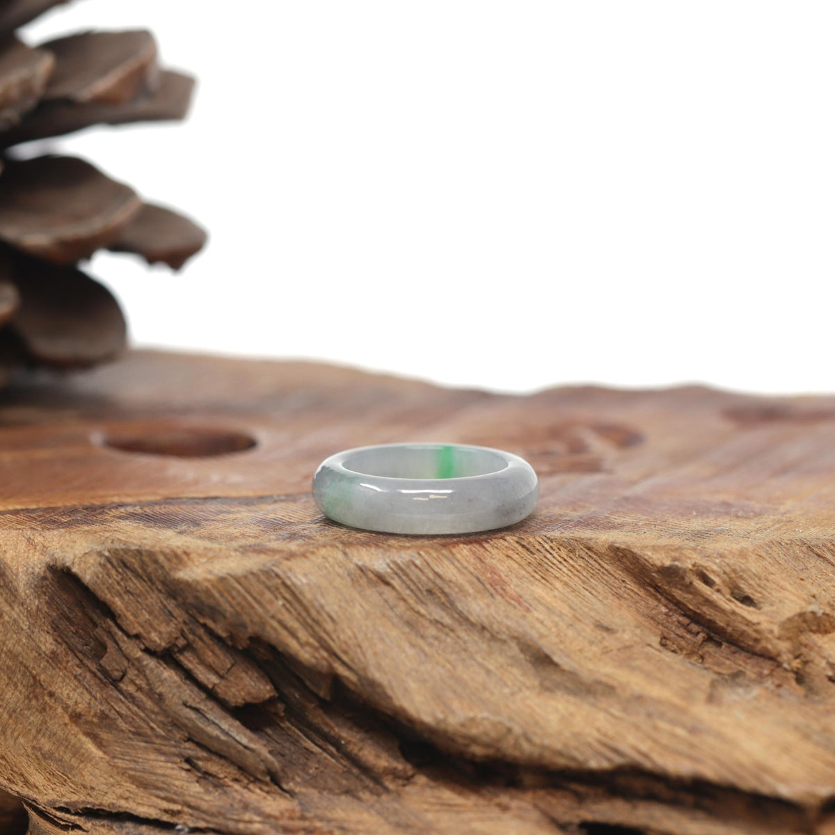 Baikalla Natural Icy Grey Wuji &amp; Apple-Green Jadeite Jade Traditional Ring 