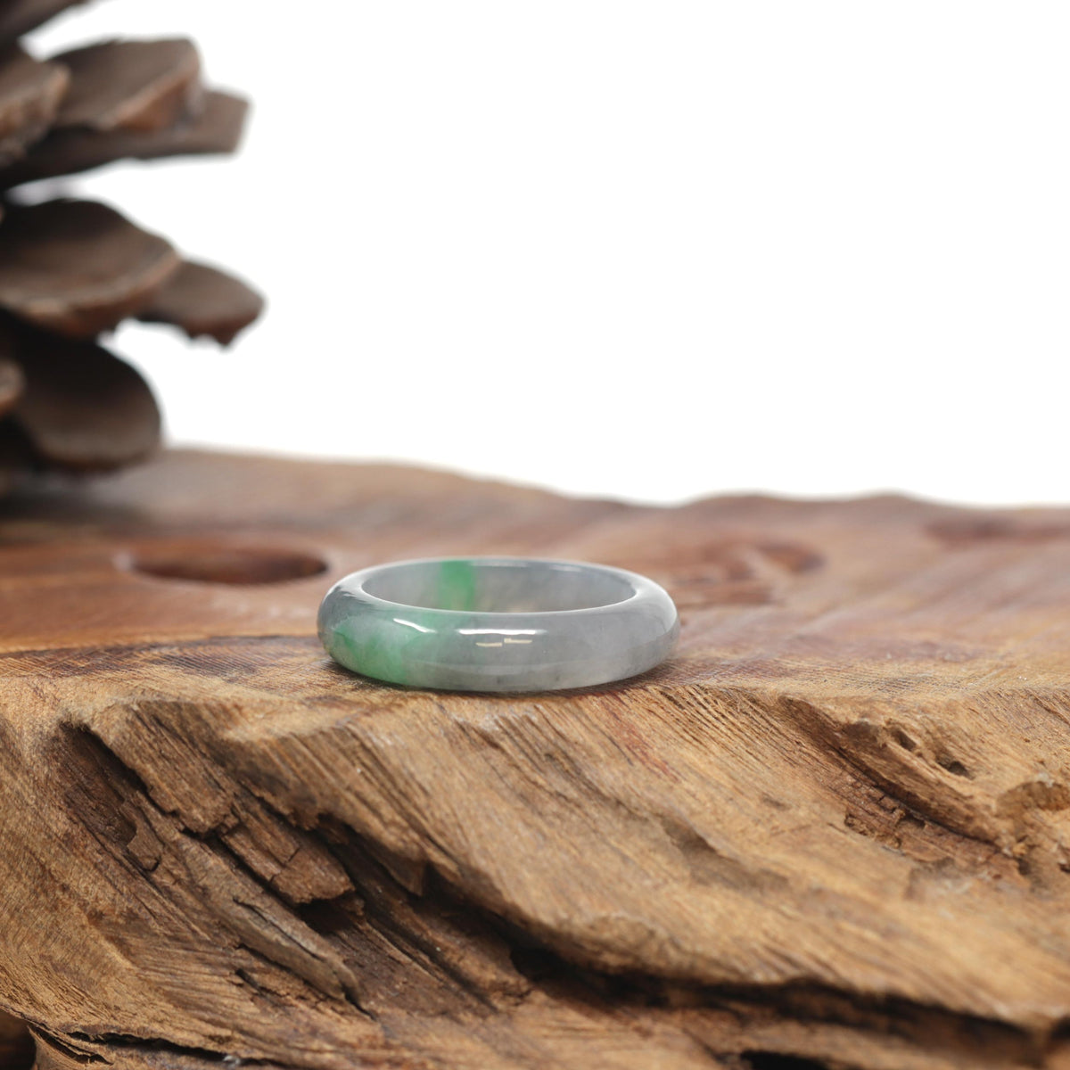 Baikalla Natural Icy Grey Wuji &amp; Apple-Green Jadeite Jade Traditional Ring 