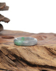 Baikalla Natural Icy Grey Wuji & Apple-Green Jadeite Jade Traditional Ring 