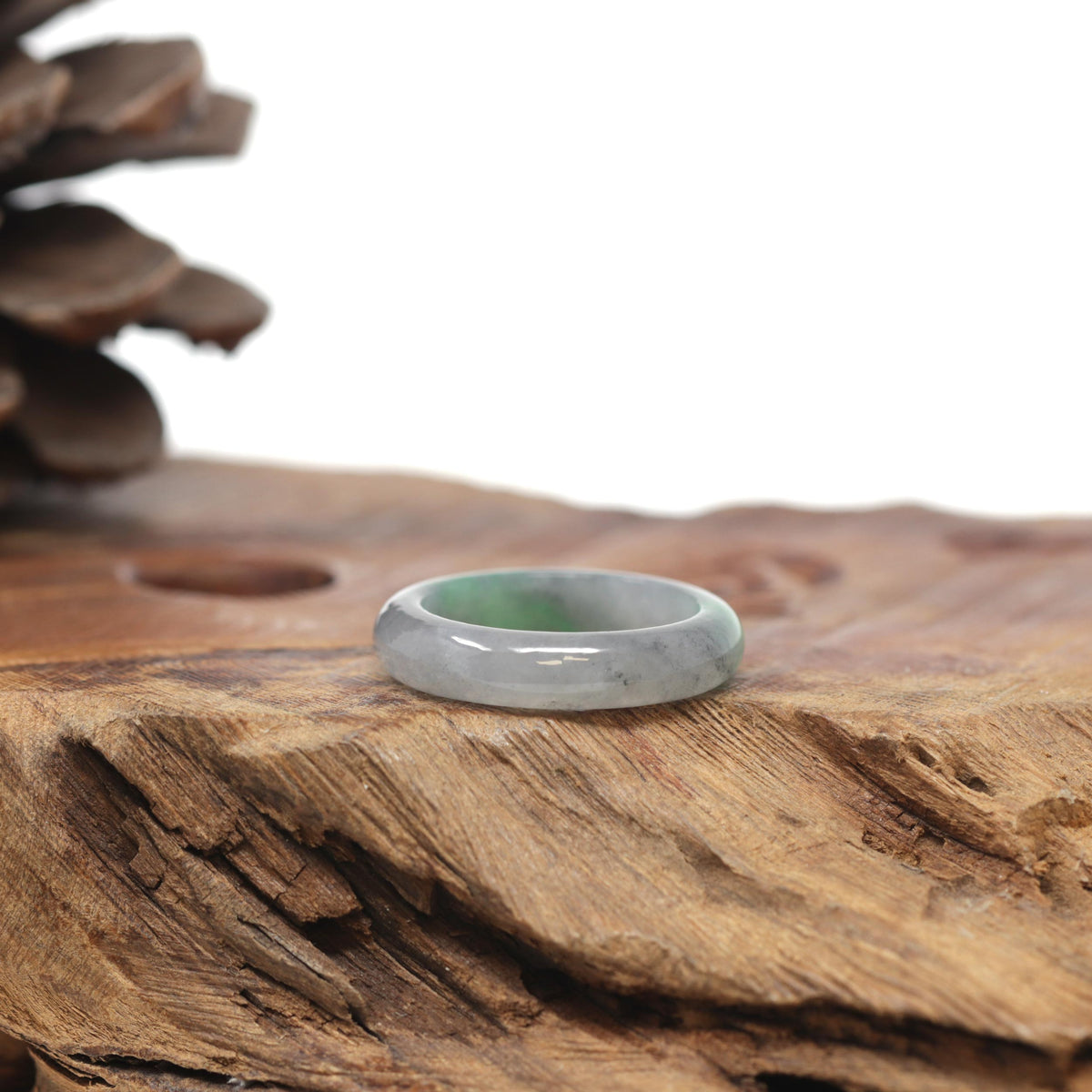 Baikalla Natural Icy Grey Wuji &amp; Apple-Green Jadeite Jade Traditional Ring 