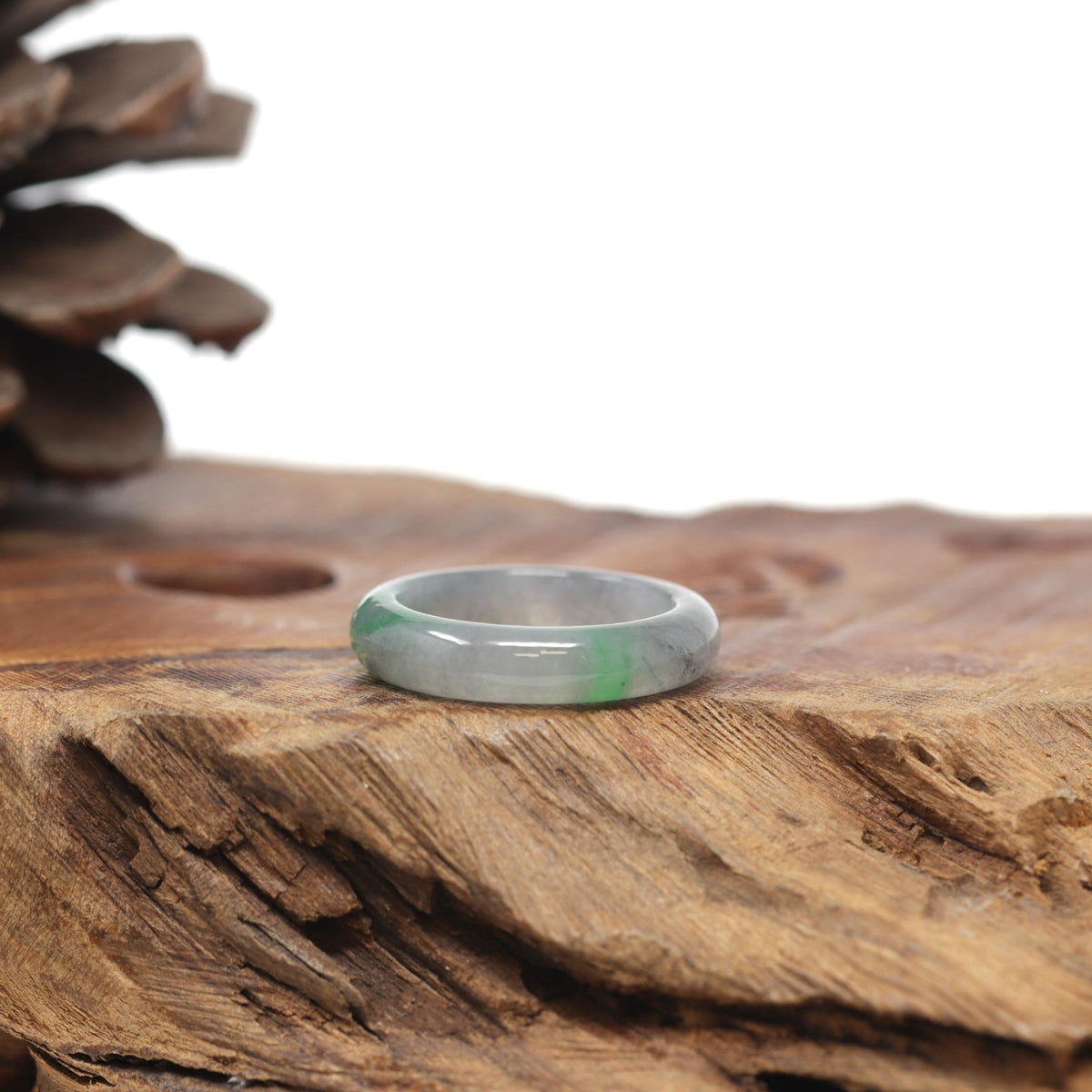 Baikalla Natural Icy Grey Wuji &amp; Apple-Green Jadeite Jade Traditional Ring 