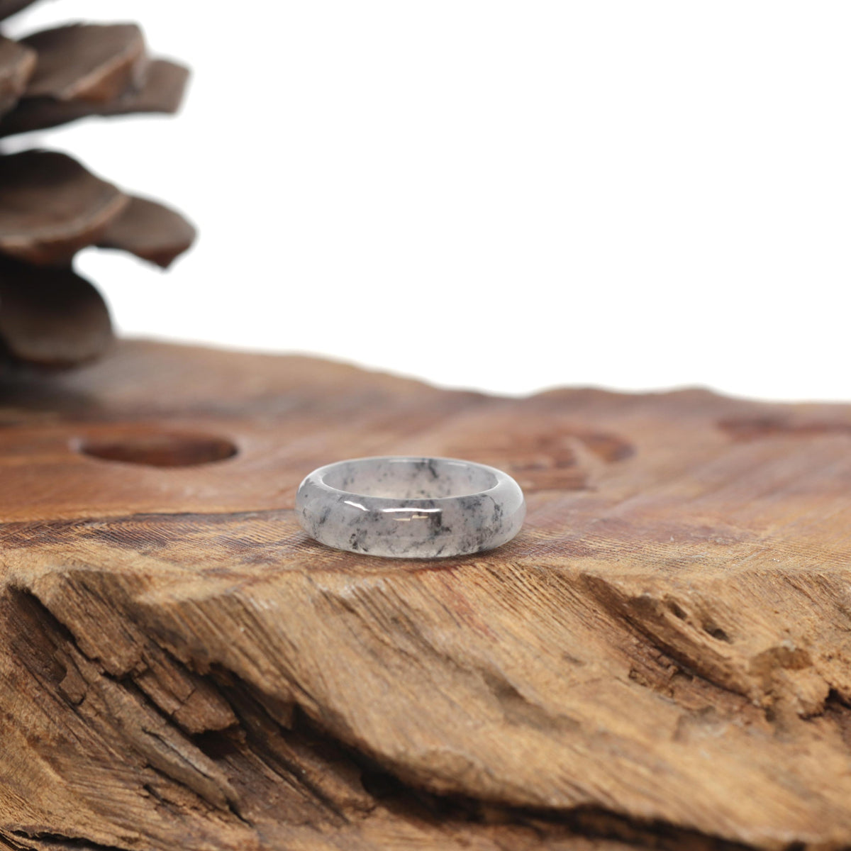 Baikalla Natural Icy Black Sesame Wuji Jadeite Jade Traditional Ring 