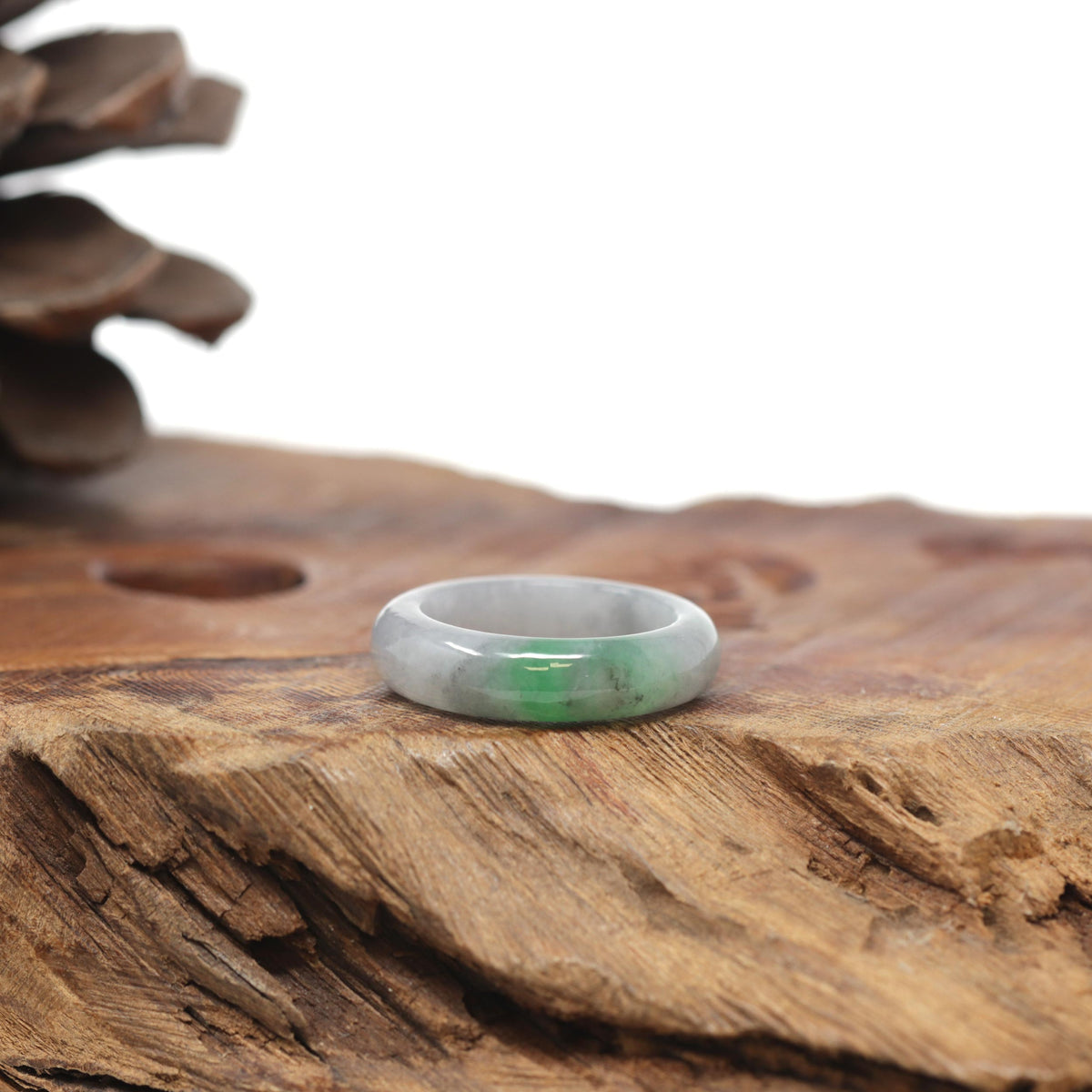 Baikalla Natural Light Grey Wuji &amp; Apple-Green Jadeite Jade Traditional Ring 