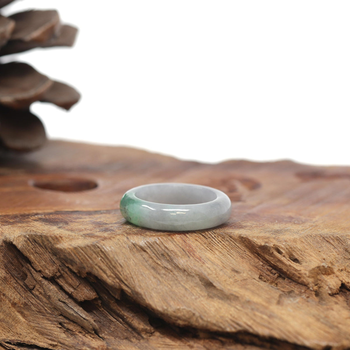 Baikalla Natural Light Grey Wuji &amp; Apple-Green Jadeite Jade Traditional Ring 