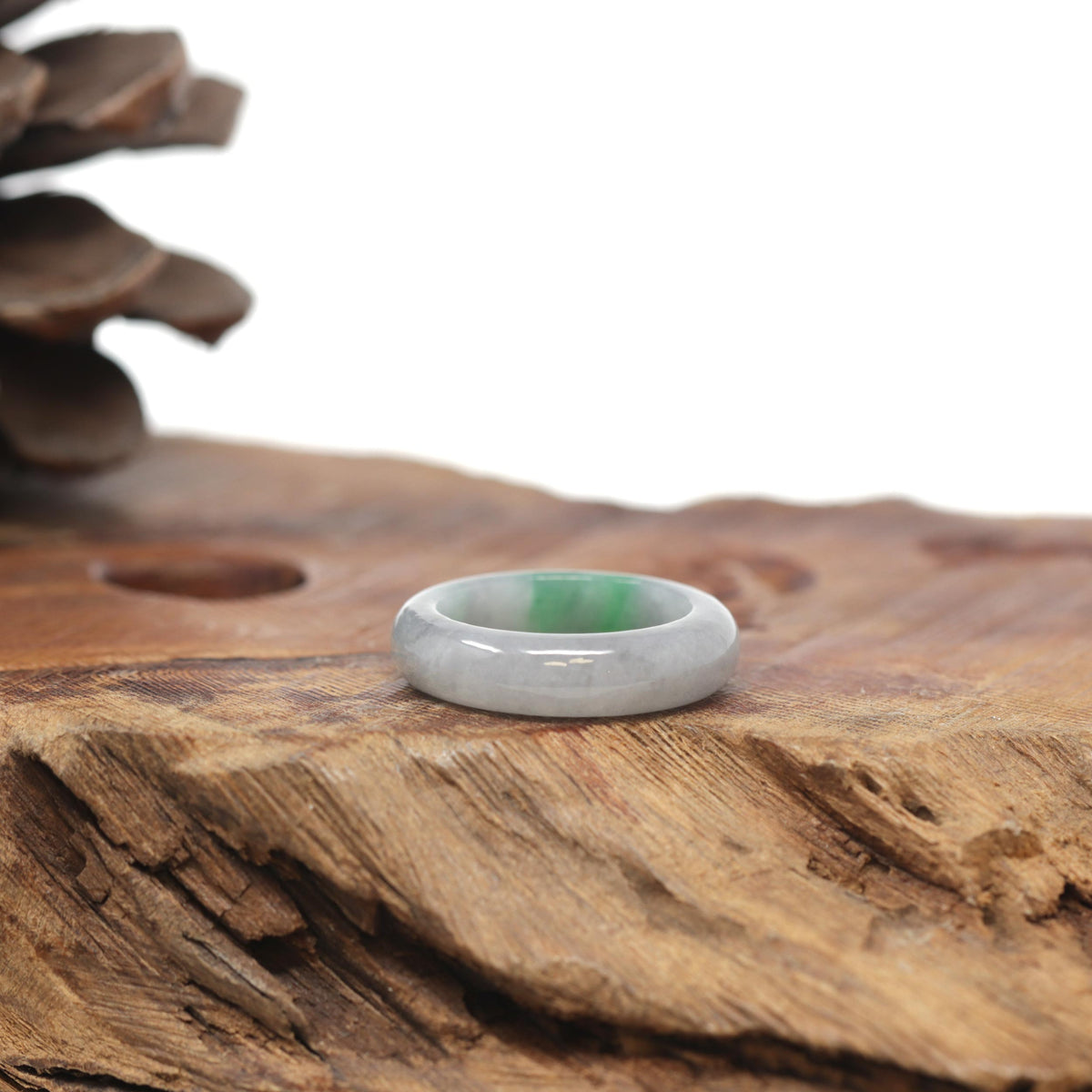 Baikalla Natural Light Grey Wuji &amp; Apple-Green Jadeite Jade Traditional Ring 