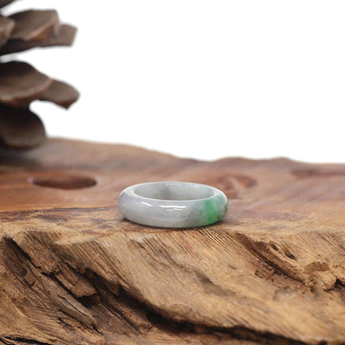 Baikalla Natural Light Grey Wuji &amp; Apple-Green Jadeite Jade Traditional Ring 