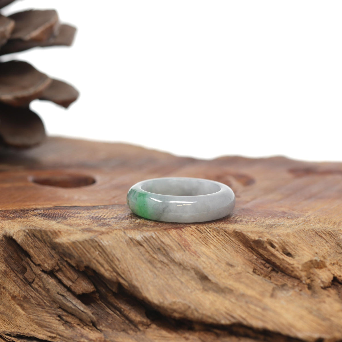 Baikalla Natural Light Grey Wuji &amp; Apple-Green Jadeite Jade Traditional Ring 
