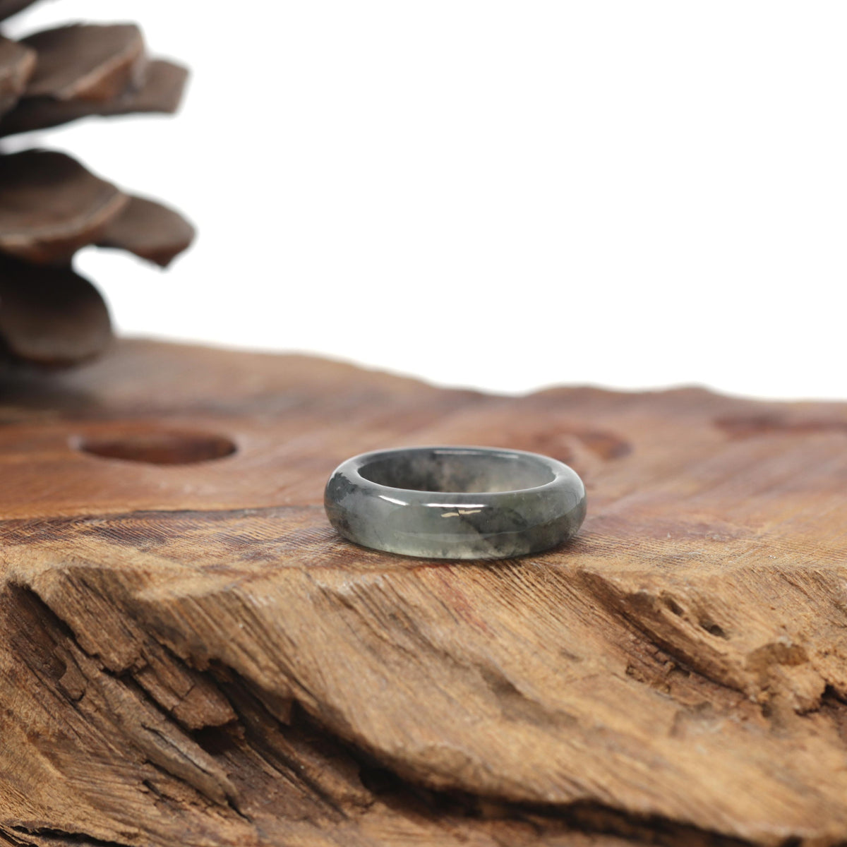 Baikalla Natural Icy Black Wuji &amp; Apple-Green Jadeite Jade Traditional Ring 