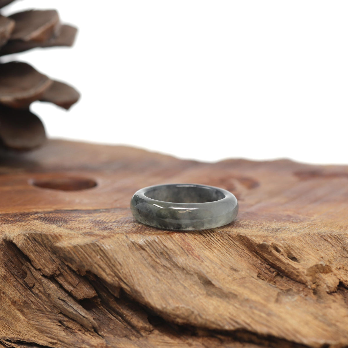 Baikalla Natural Icy Black Wuji &amp; Apple-Green Jadeite Jade Traditional Ring 