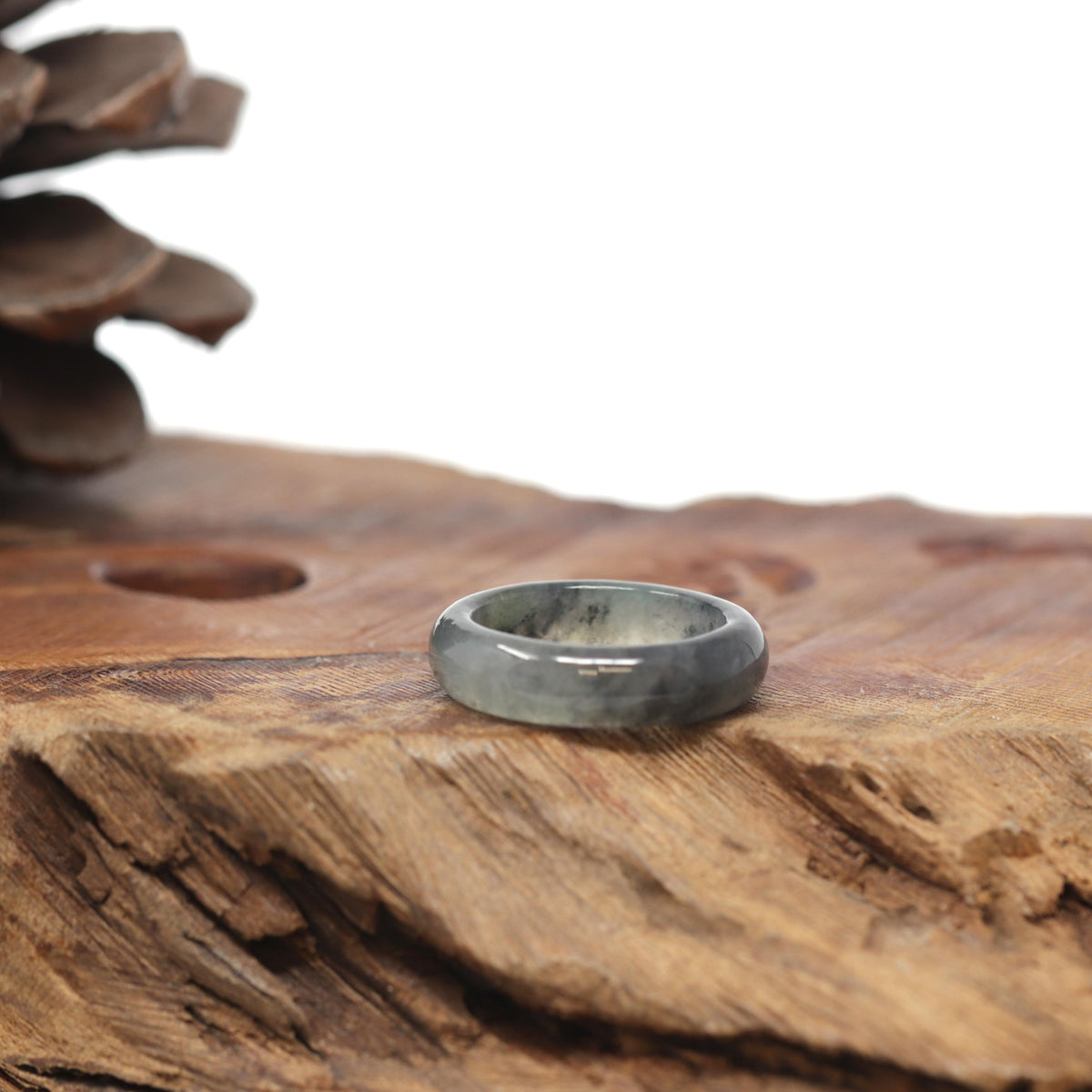 Baikalla Natural Icy Black Wuji &amp; Apple-Green Jadeite Jade Traditional Ring 