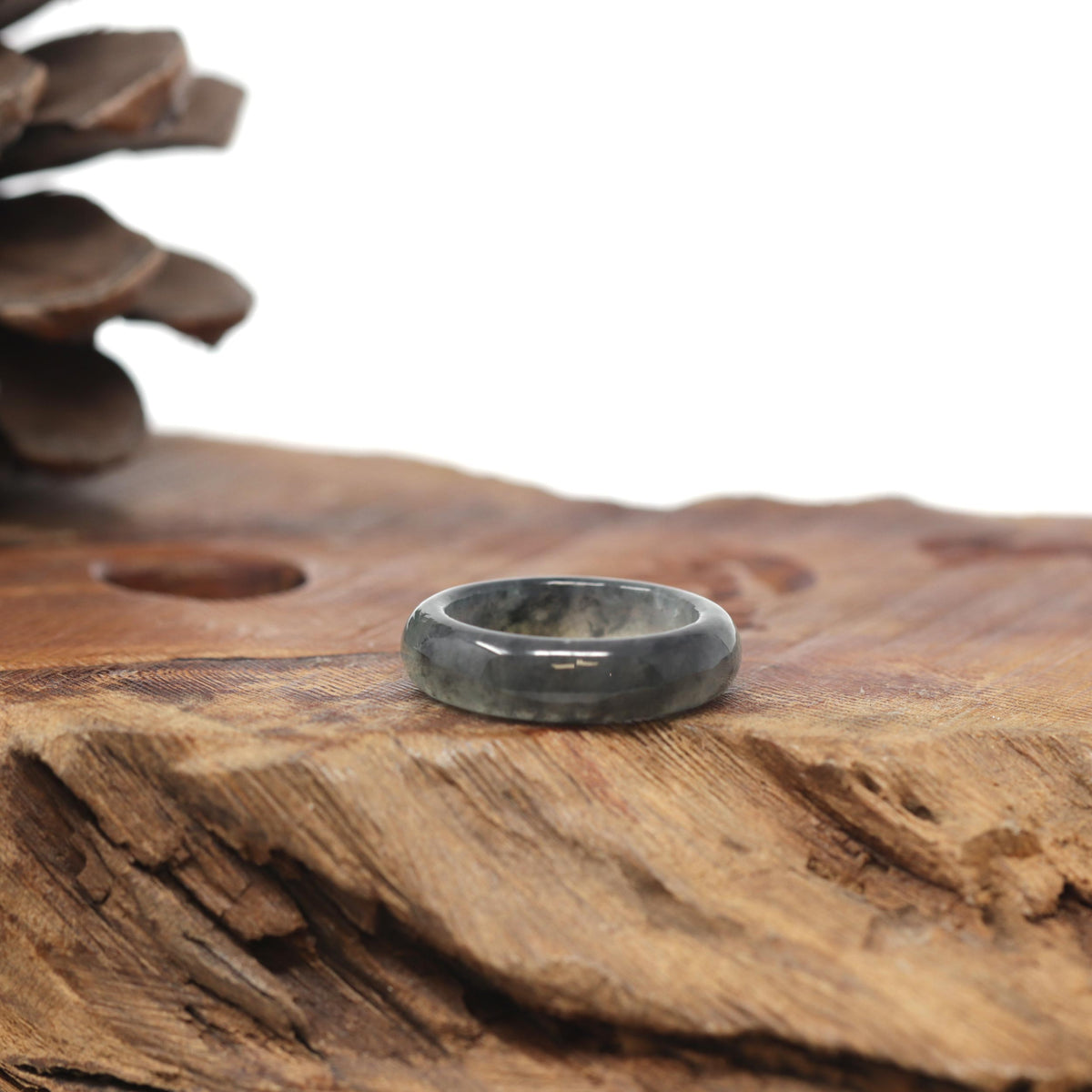 Baikalla Natural Icy Black Wuji &amp; Apple-Green Jadeite Jade Traditional Ring 