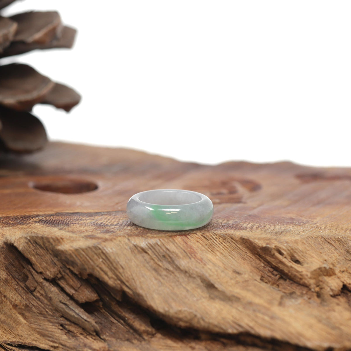 Baikalla Natural Icy Light Grey Wuji &amp; Apple-Green Jadeite Jade Traditional Ring 