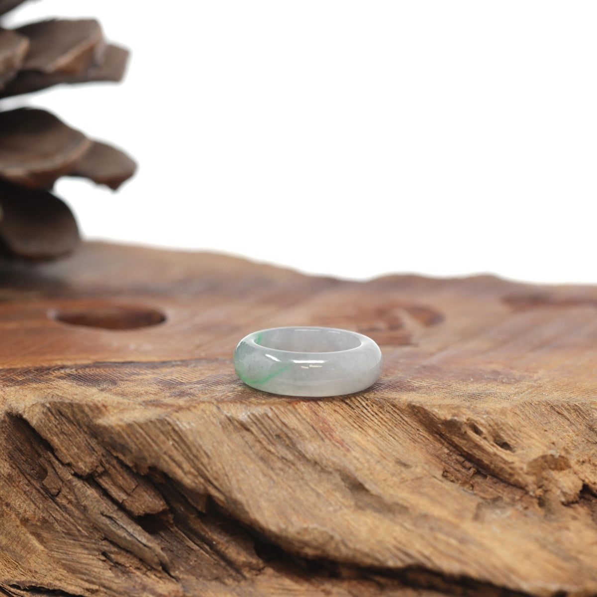 Baikalla Natural Icy Light Grey Wuji &amp; Apple-Green Jadeite Jade Traditional Ring 