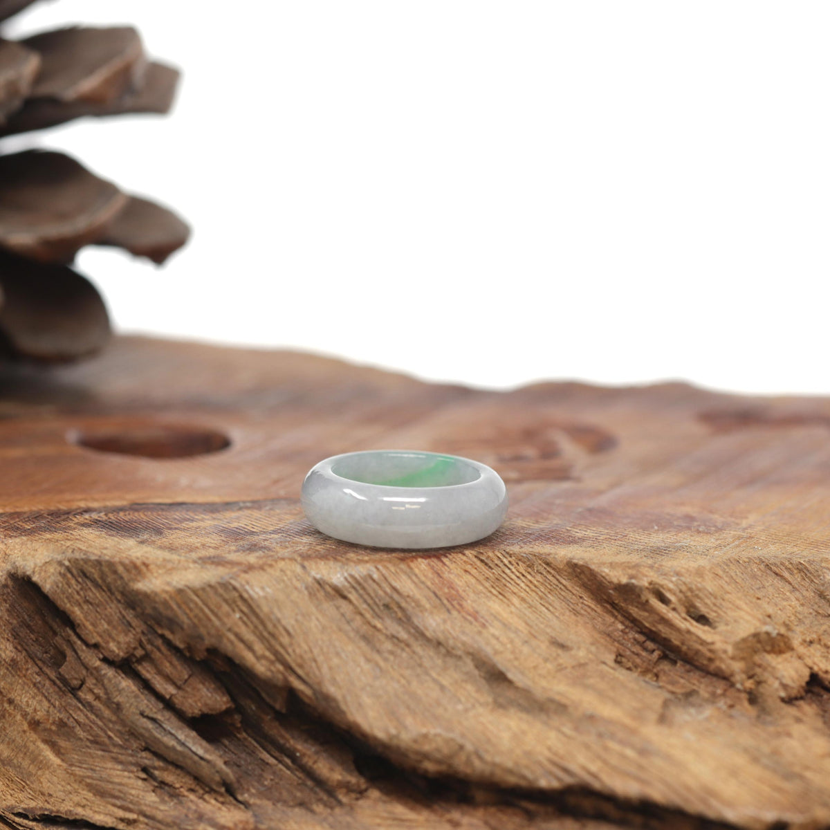 Baikalla Natural Icy Light Grey Wuji &amp; Apple-Green Jadeite Jade Traditional Ring 