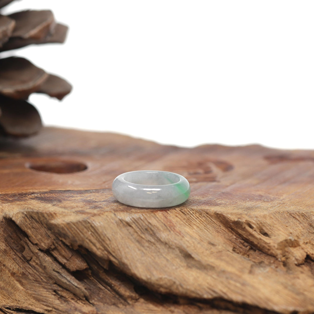 Baikalla Natural Icy Light Grey Wuji &amp; Apple-Green Jadeite Jade Traditional Ring 