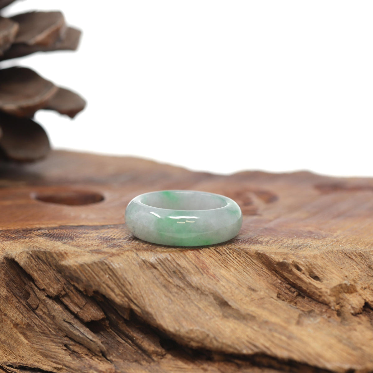 Baikalla Natural Icy Light Grey Wuji &amp; Apple-Green Jadeite Jade Traditional Ring 