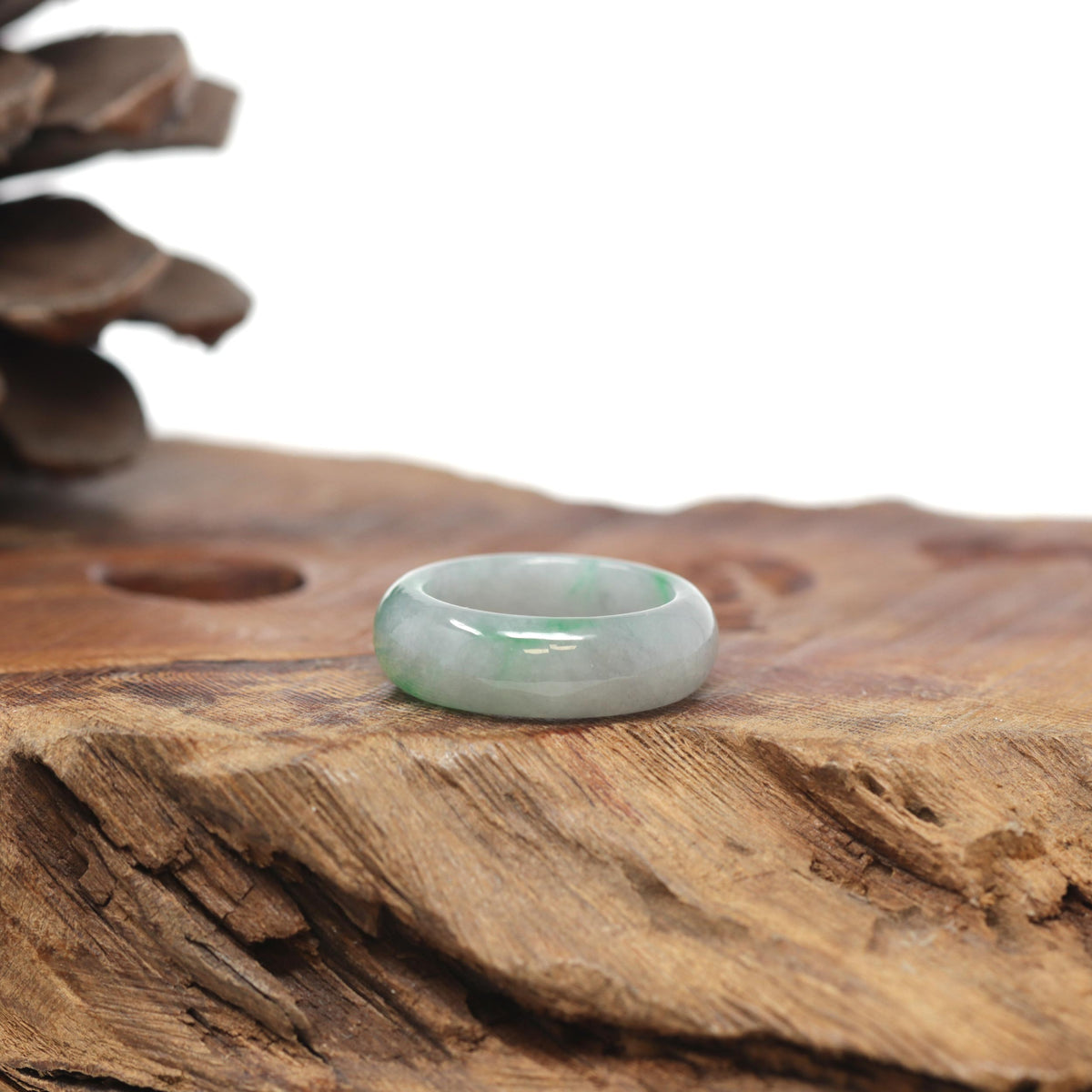 Baikalla Natural Icy Light Grey Wuji &amp; Apple-Green Jadeite Jade Traditional Ring 