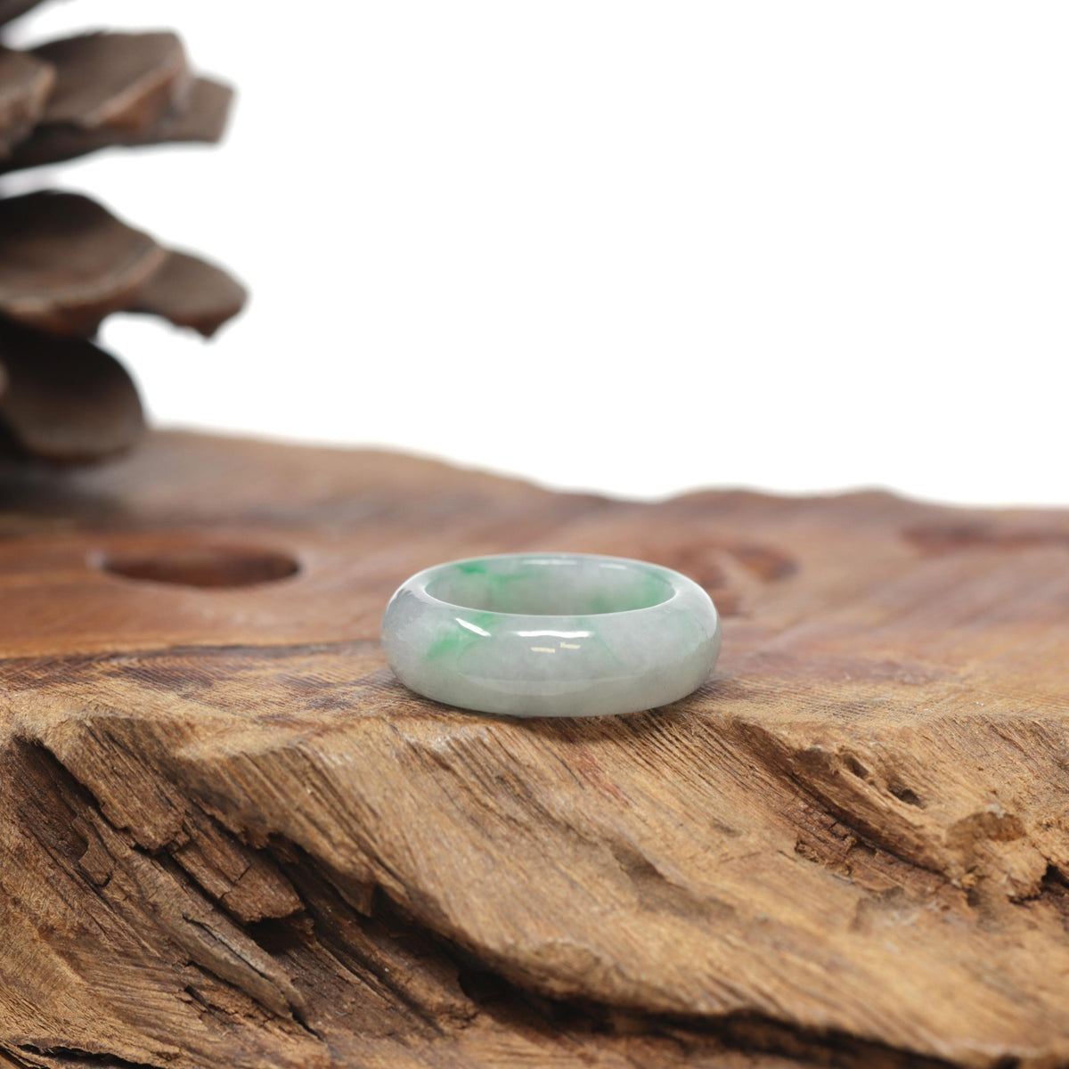 Baikalla Natural Icy Light Grey Wuji &amp; Apple-Green Jadeite Jade Traditional Ring 