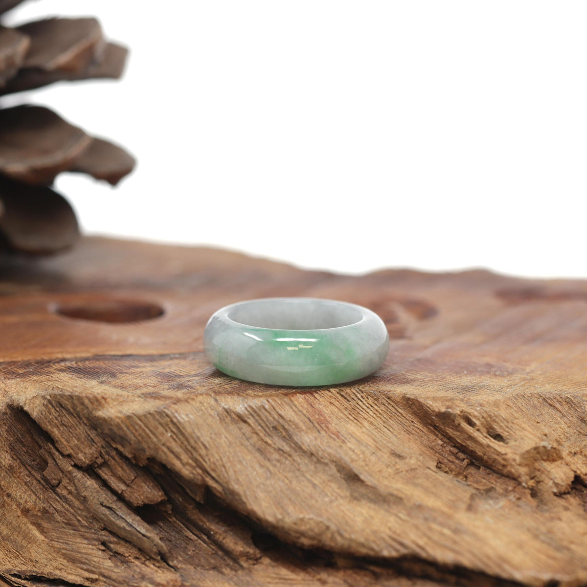 Baikalla Natural Icy Light Grey Wuji &amp; Apple-Green Jadeite Jade Traditional Ring 