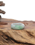 Baikalla Natural Icy Light Grey Wuji & Apple-Green Jadeite Jade Traditional Ring 