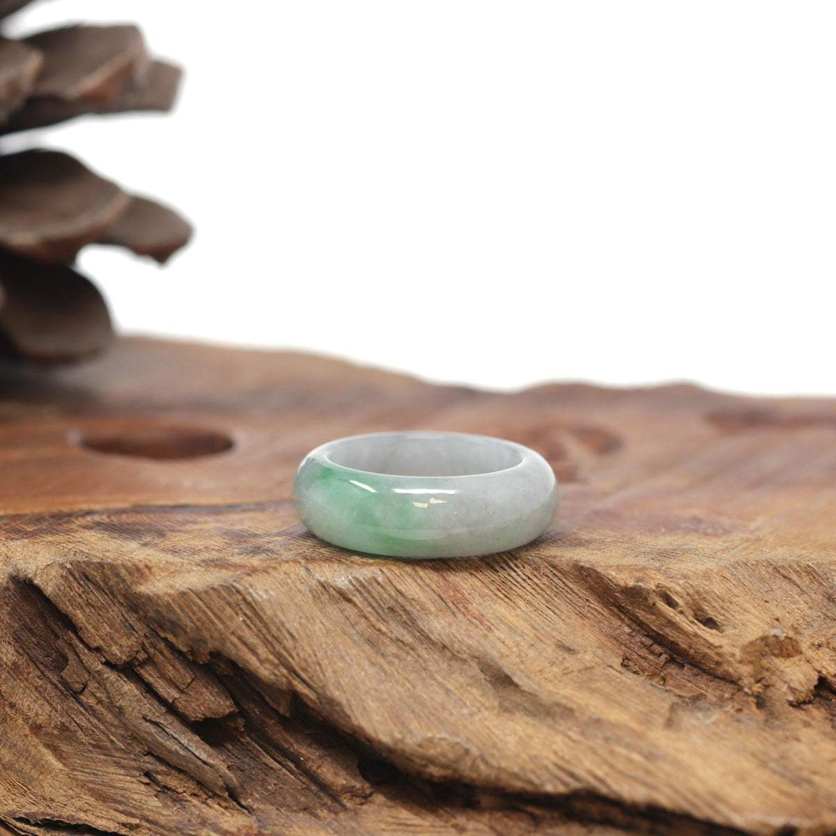 Baikalla Natural Icy Light Grey Wuji &amp; Apple-Green Jadeite Jade Traditional Ring 
