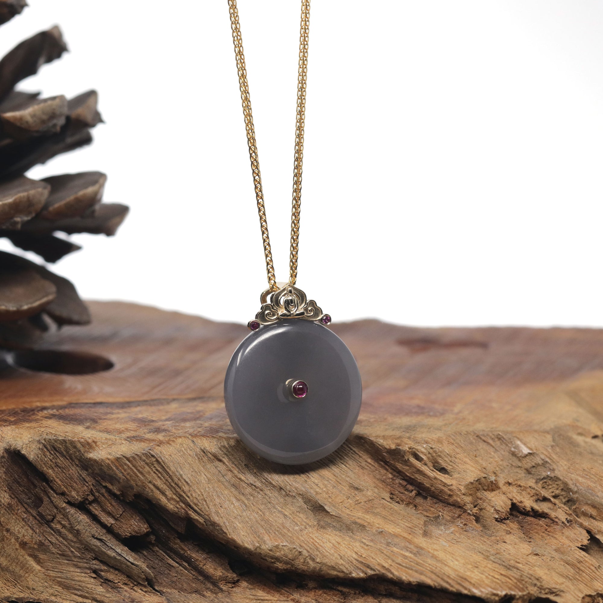 Baikalla Smoky Purple &quot;Ping An Kou&quot; Nephrite Jade Pendant W/ 18K Yellow Gold Bail &amp; Tourmaline