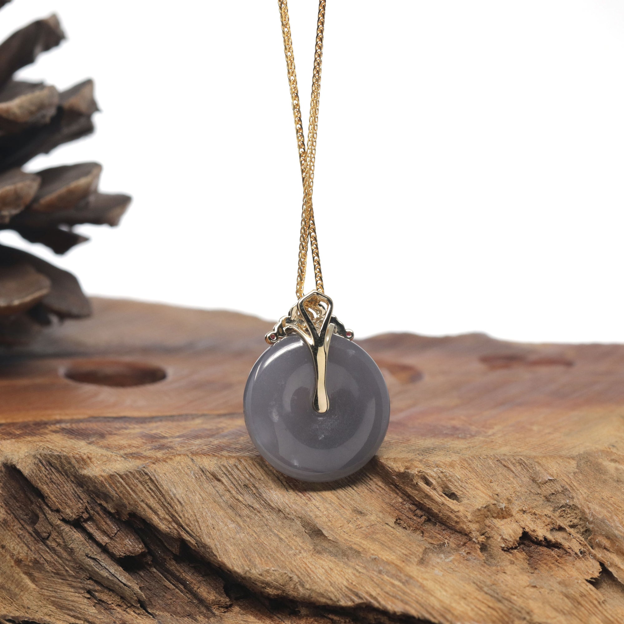 Baikalla Smoky Purple &quot;Ping An Kou&quot; Nephrite Jade Pendant W/ 18K Yellow Gold Bail &amp; Tourmaline