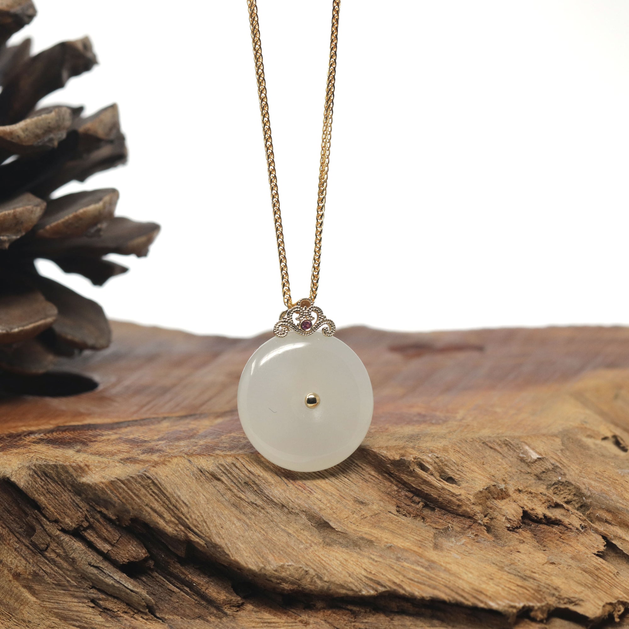 Baikalla &quot;Ping An Kou&quot; (Good Luck Button) Nephrite Jade Pendant W/ 18K Yellow Gold Bail &amp; Tourmaline