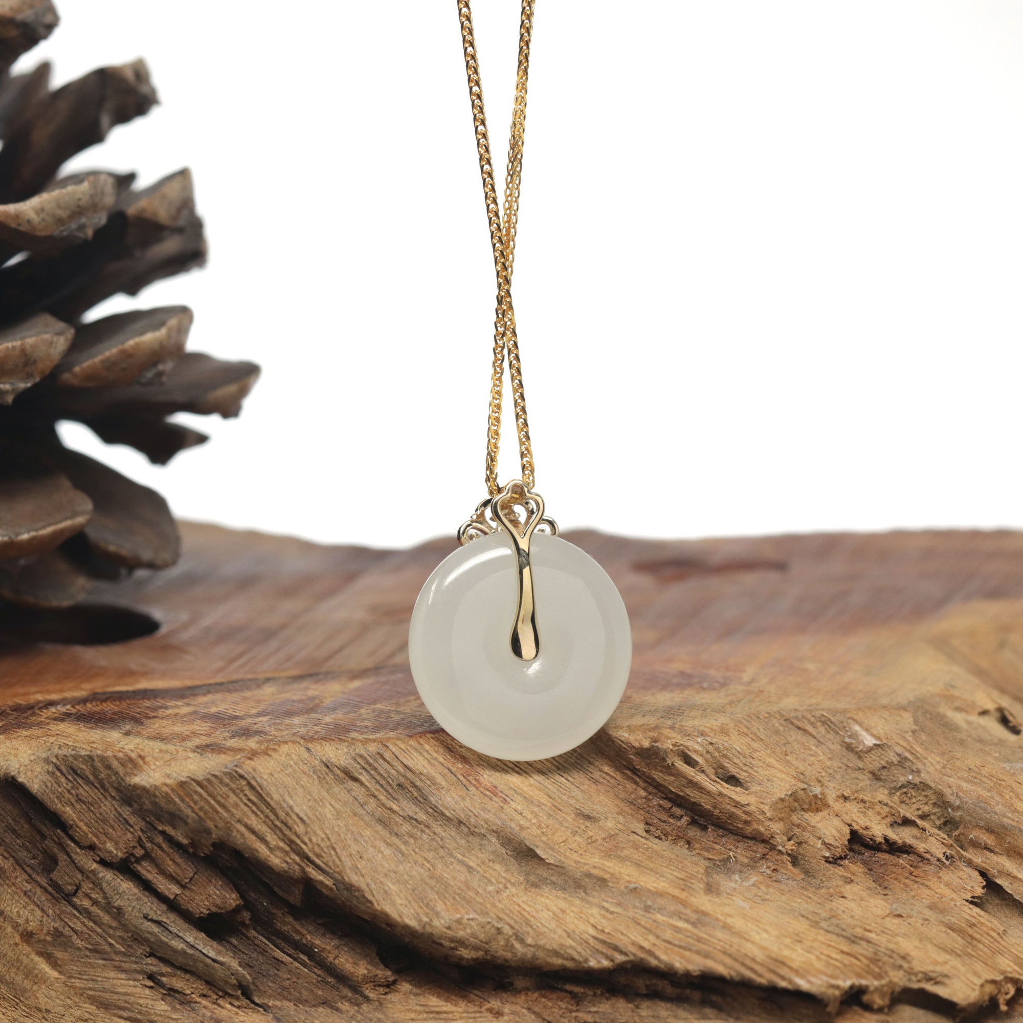 Baikalla &quot;Ping An Kou&quot; (Good Luck Button) Nephrite Jade Pendant W/ 18K Yellow Gold Bail &amp; Tourmaline