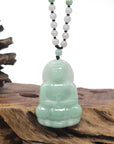 Baikalla Light Green Guan Yin "Goddess of Compassion" Jadeite Jade Carving Pendant W/ Beaded Necklace