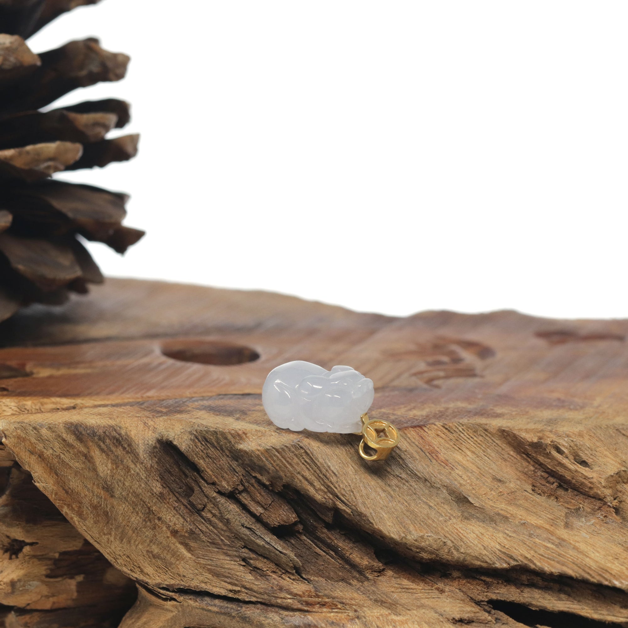 Baikalla Icy White &quot;Piggy&quot; Jadeite Jade Pendant W/ 18K Yellow Gold Bail