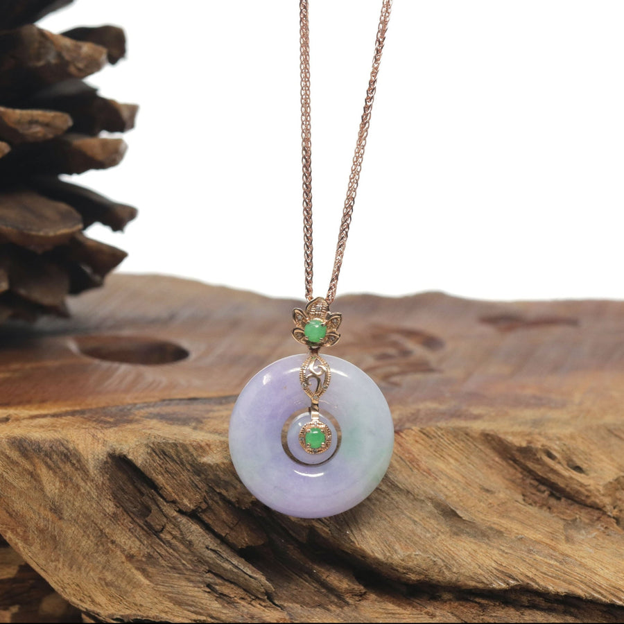 Baikalla Vixen Purple & Green "Double Kou Kou" (Good Luck Button) Jadeite Jade Pendant W/ 18K Rose Gold Bail, Diamonds & Imperial Jade