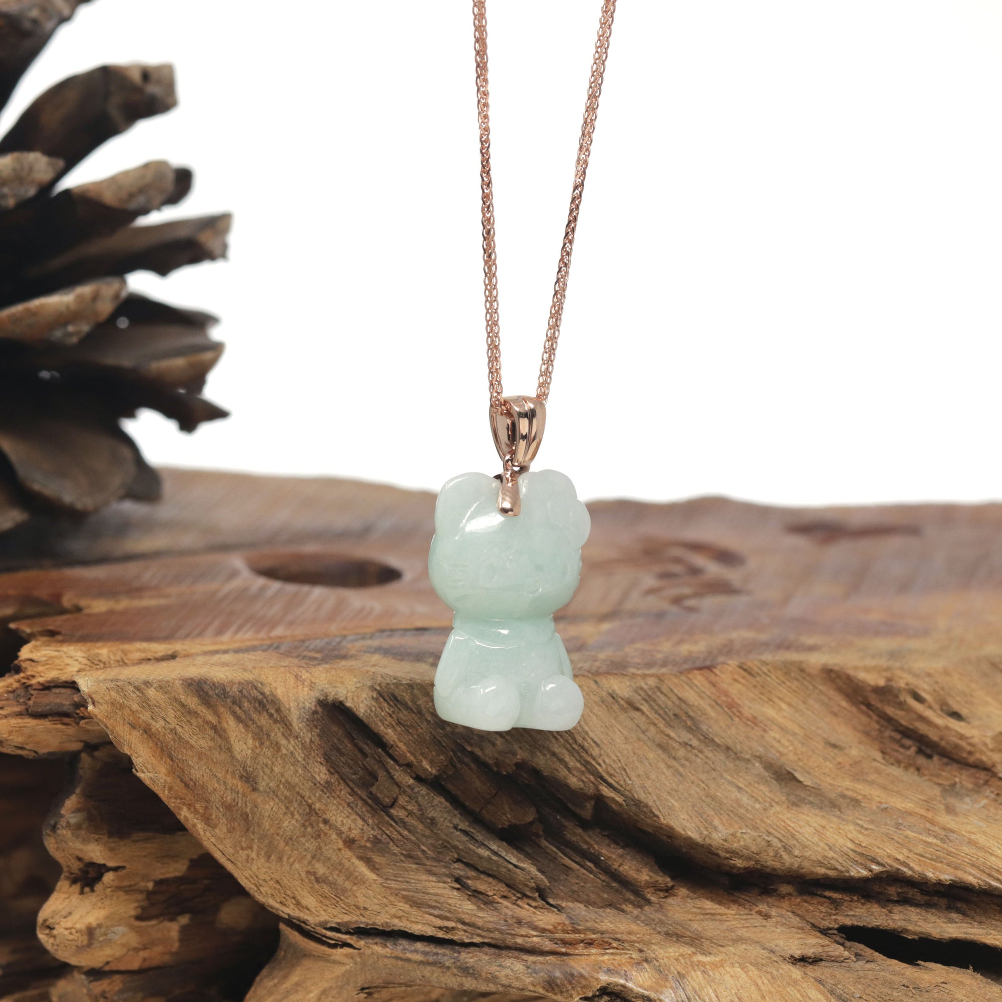 Baikalla &quot;Hello Kitty&quot; Natural Jadeite Jade Pendant W/ 14k Rose Gold Bail