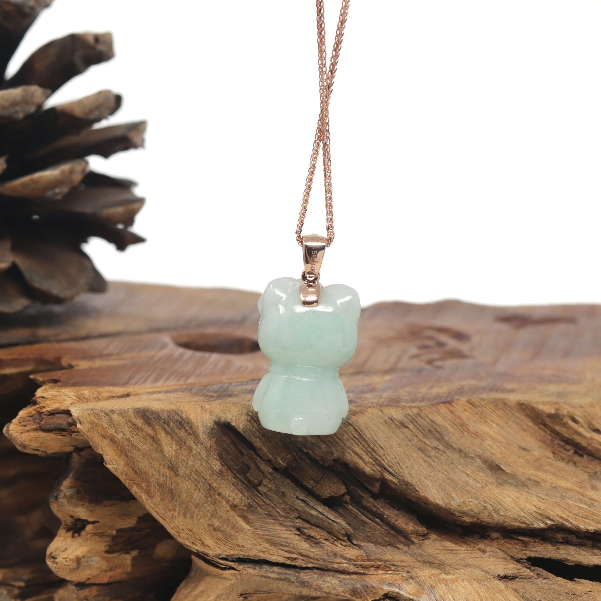 Baikalla &quot;Hello Kitty&quot; Natural Jadeite Jade Pendant W/ 14k Rose Gold Bail