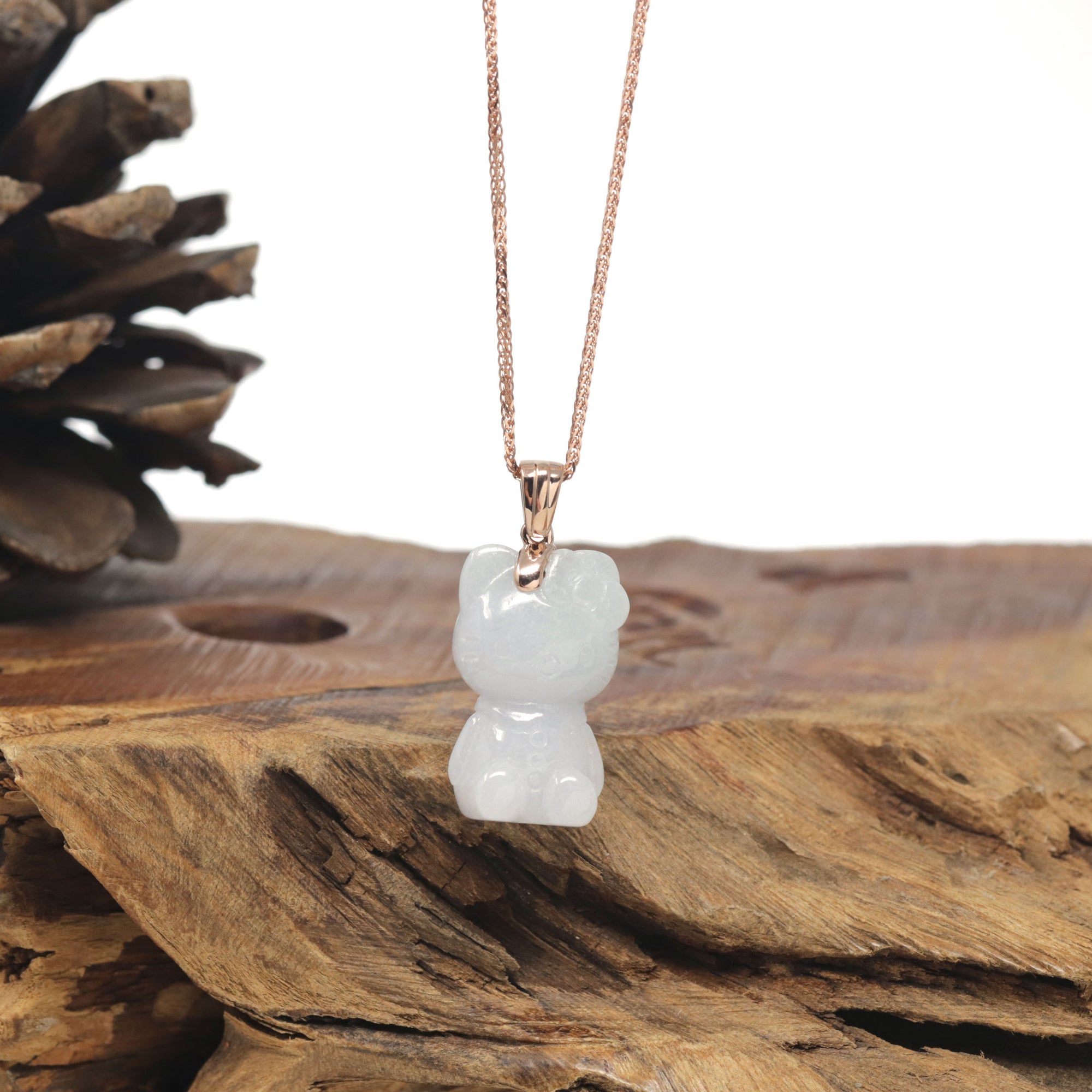 Baikalla &quot;Hello Kitty&quot; Natural Jadeite Jade Pendant W/ 14k Rose Gold Bail