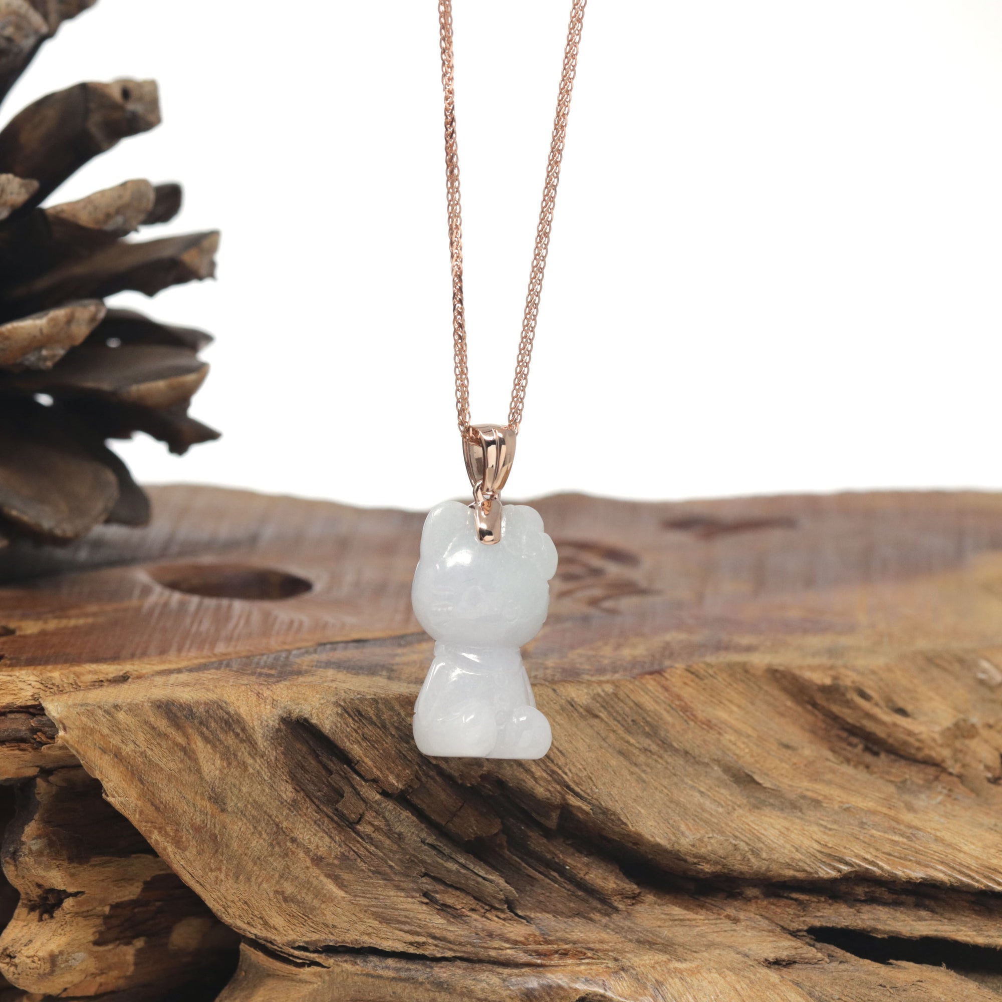 Baikalla &quot;Hello Kitty&quot; Natural Jadeite Jade Pendant W/ 14k Rose Gold Bail