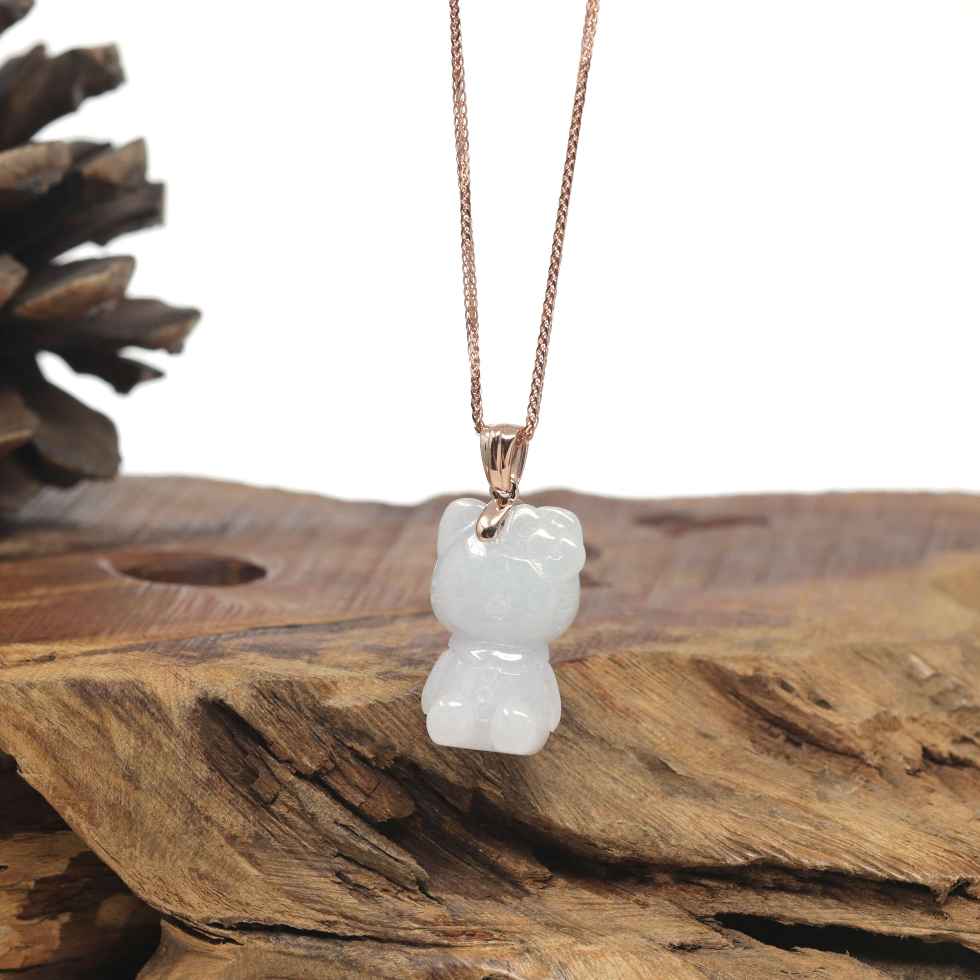 Baikalla &quot;Hello Kitty&quot; Natural Jadeite Jade Pendant W/ 14k Rose Gold Bail