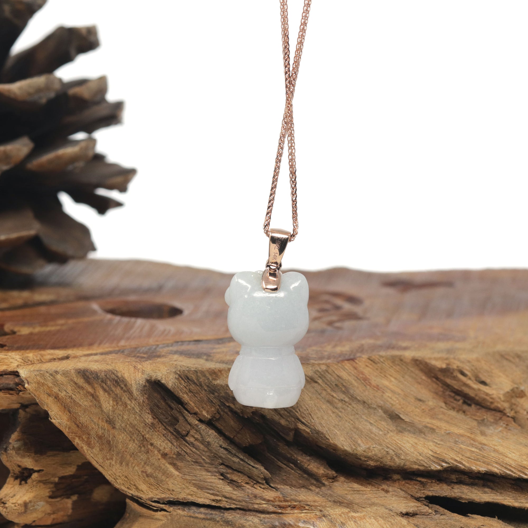 Baikalla &quot;Hello Kitty&quot; Natural Jadeite Jade Pendant W/ 14k Rose Gold Bail