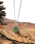 Baikalla Green Nephrite Jade Sterling Silver Lucky Four Leaf Pendant Necklace