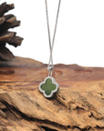 Baikalla Green Nephrite Jade Sterling Silver Lucky Four Leaf Pendant Necklace