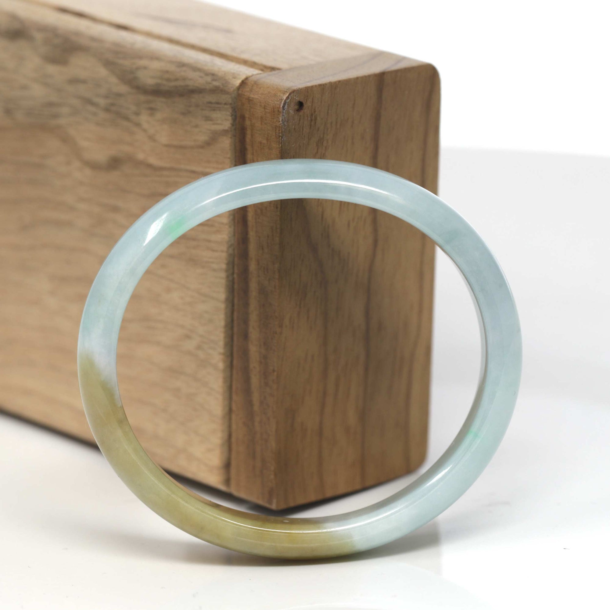 Baikalla Light Blue-Green W/ Hazel Patch Jadeite Jade Oval &quot;Half Round&quot; Bangle Bracelet (55.5mm) 