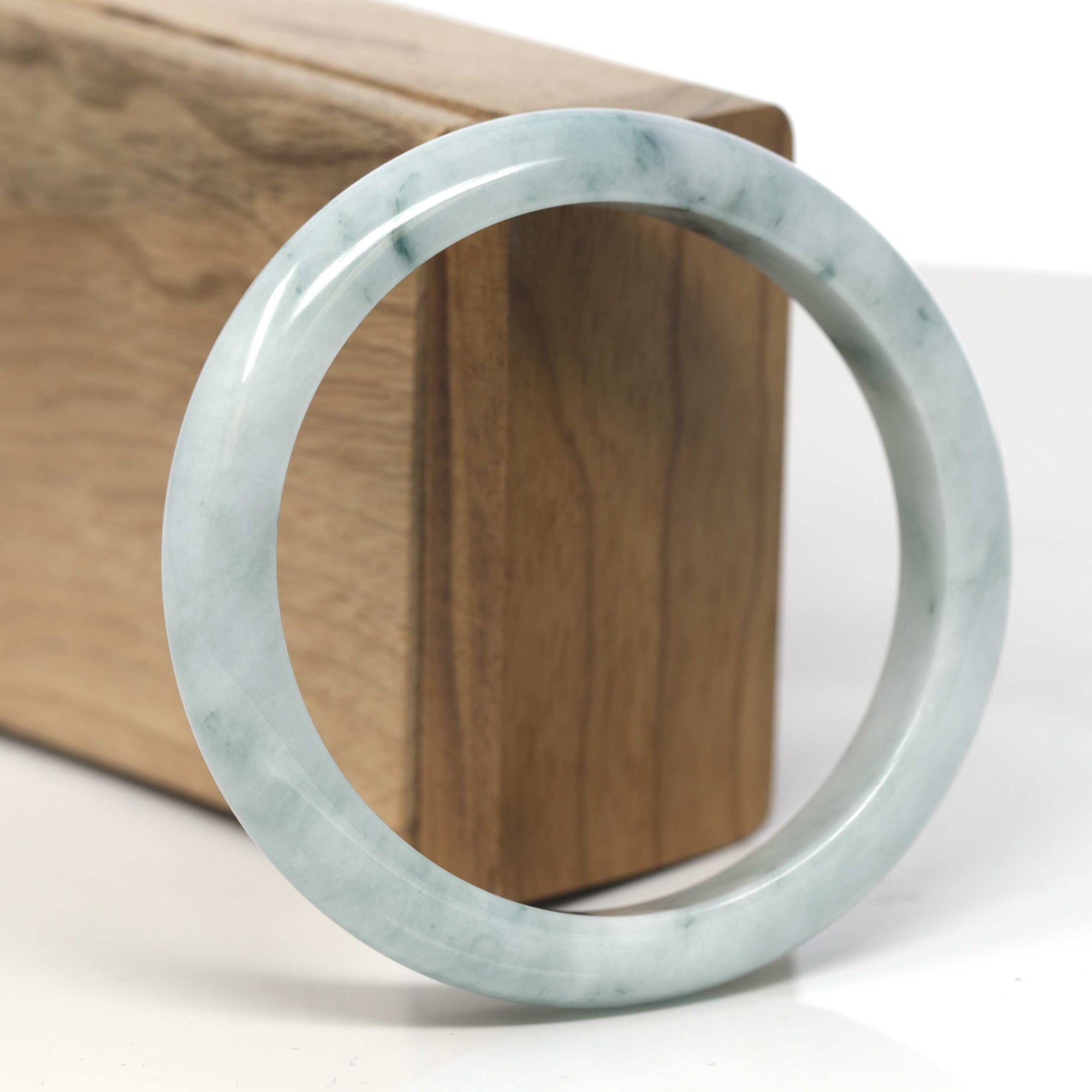 Baikalla White-Green W/ Blue-Green Flowers Jadeite Jade &quot;Half Round&quot; Bangle Bracelet (59.2mm) 