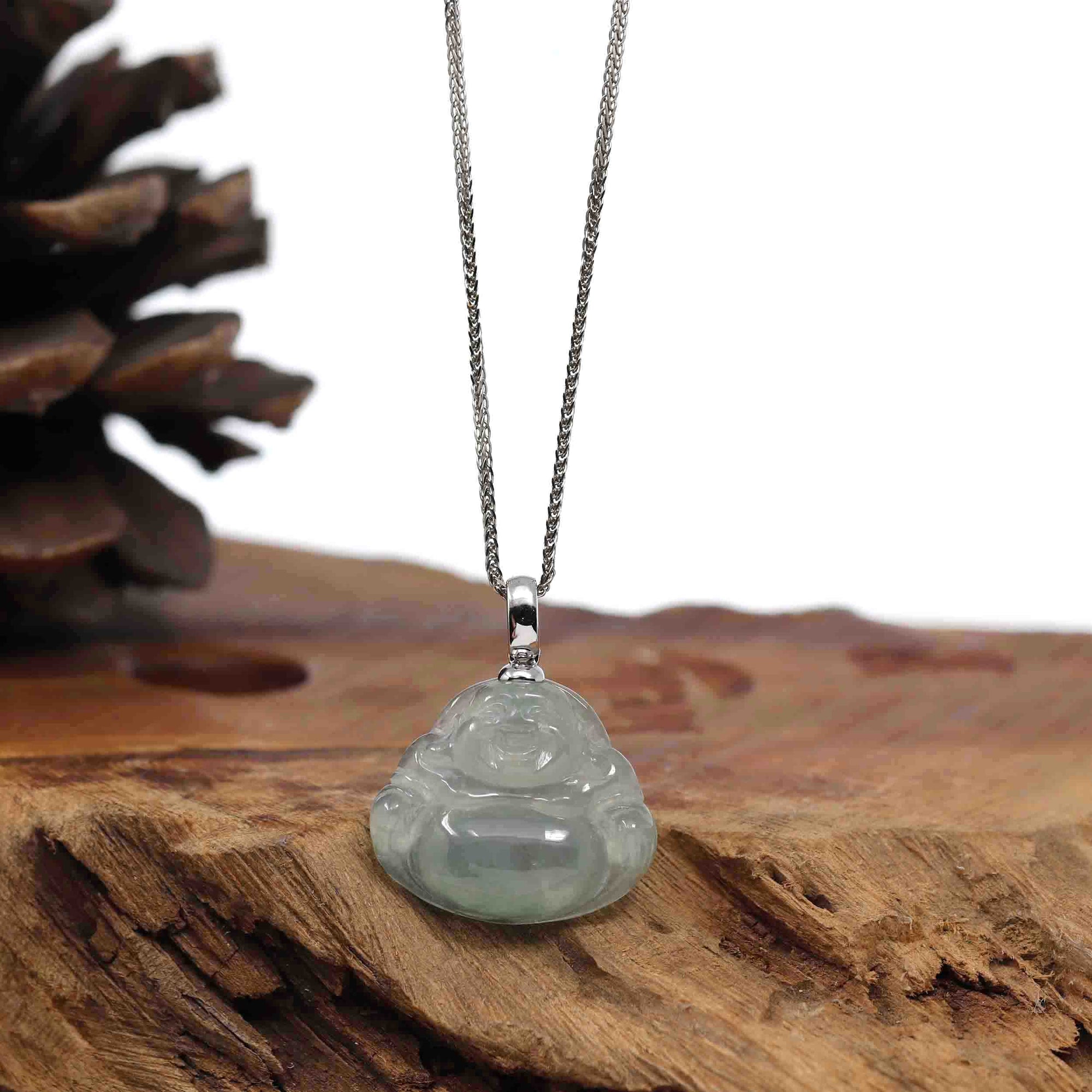 Baikalla Jewelry Jade Buddha Pendant Pendant Only 14k White Gold Bail "Laughing Buddha" Genuine Ice Jadeite Jade Buddha Pendant Necklace