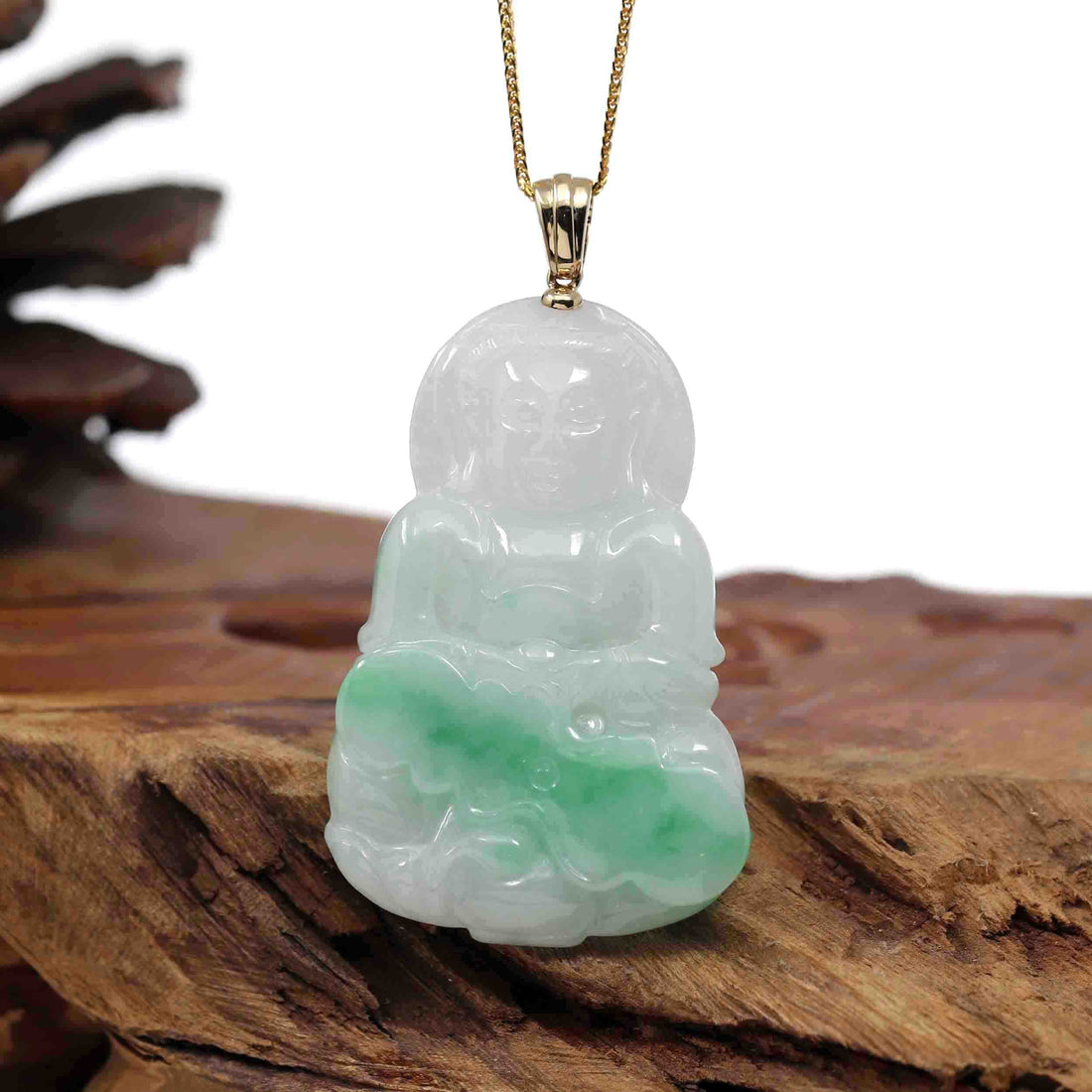 Baikalla Jewelry Jade Guanyin Pendant Necklace Pendant Only Goddess of Compassion" 14k Yellow Gold Genuine Burmese Jadeite Jade Guanyin Necklace With Good Luck Design